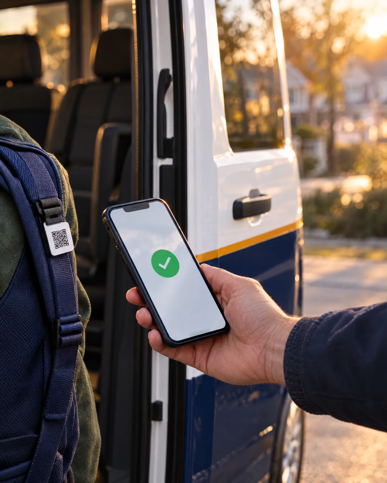 A driver scans a QR card at the open van door