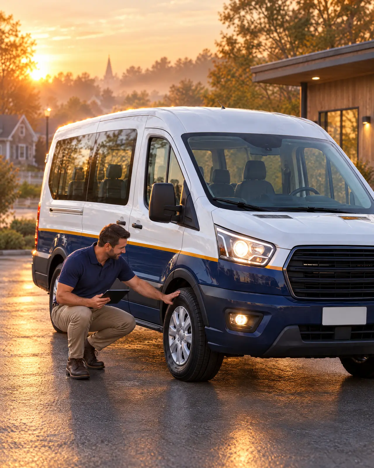 A driver does a pre-trip inspection beside the van