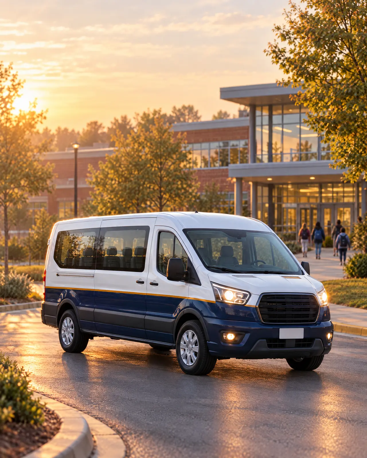 The van pulls into a school drop-off loop